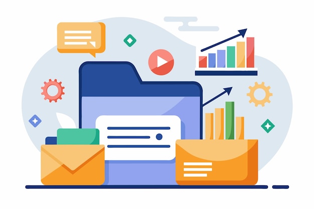 A laptop displaying a folder with a chart on its screen The activity inserts data into a folder trending Simple and minimalist flat Vector Illustration