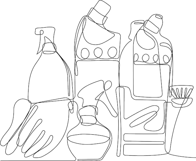 A line drawing of cleaning products including a bottle of liquid.