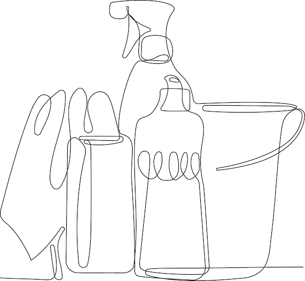 A line drawing of cleaning products including a bucket and a bucket.