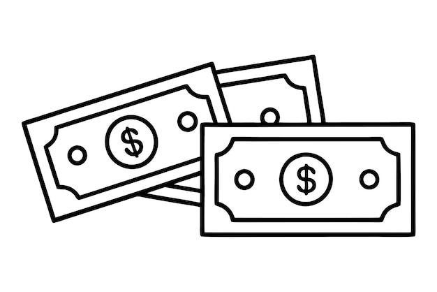 a line drawing of five dollar bills with one being the one on the bottom