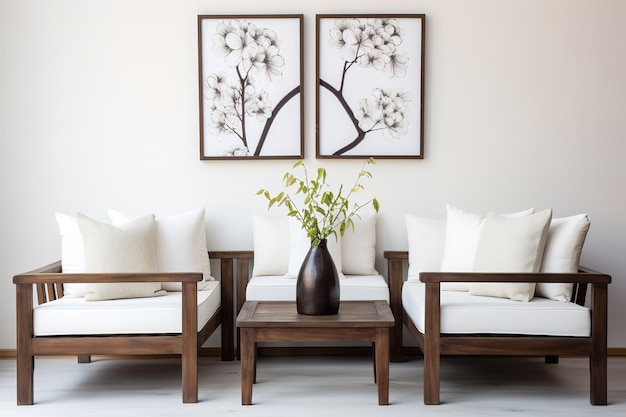 a living room with a white couch and two white chairs with a vase with flowers on it