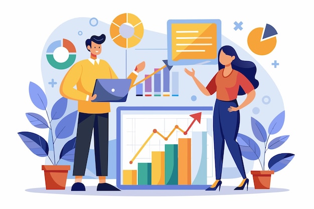 A man and a woman standing in front of a computer analyzing stock market growth Two business people analyzing stock market growth data Simple and minimalist flat Vector Illustration