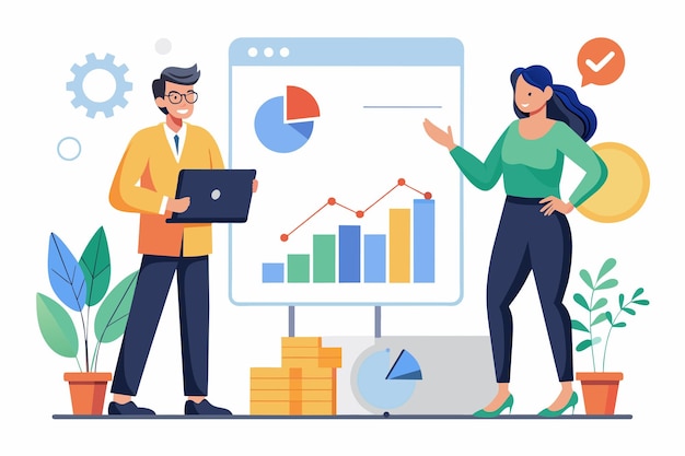 A man and a woman standing in front of a whiteboard analyzing company charts and strategies two business people analyzing company charts Simple and minimalist flat Vector Illustration