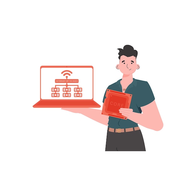 a man holds a laptop and a processor chip in his hands iot and automation concept isolated vector