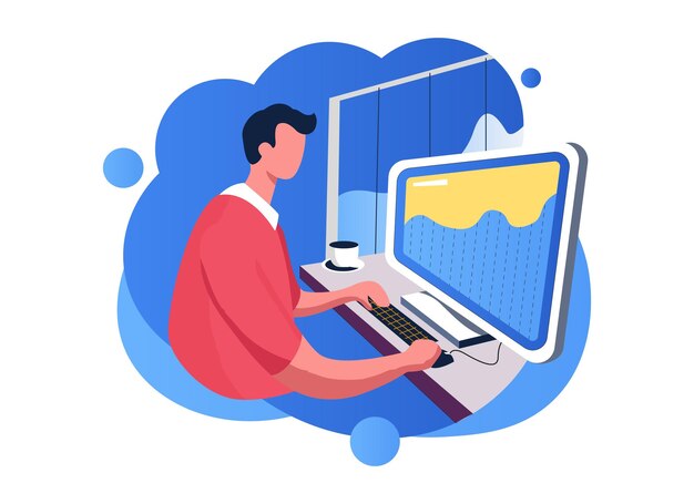 a man is working on a computer with a computer screen and a cup of coffee