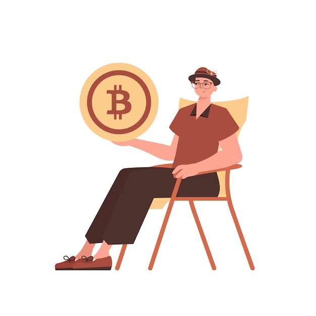 A man sits in a chair and holds a bitcoin in his hands Character with a modern style