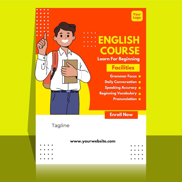 a man stands in front of a chart that says english course