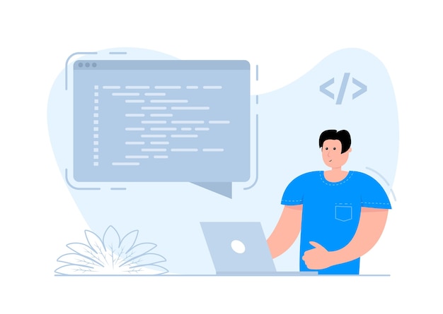 A man stands near the smartphone on the screen Programmer working Software programming Writing code