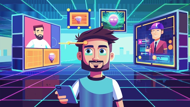 a man with a phone in his hand is looking at a screen with a man on it