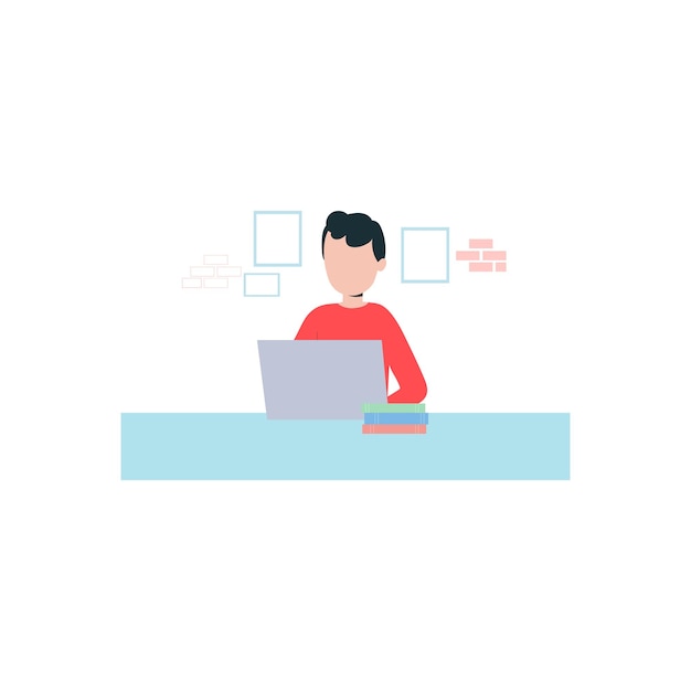 A man working at a computer with a red shirt and a red sweater.