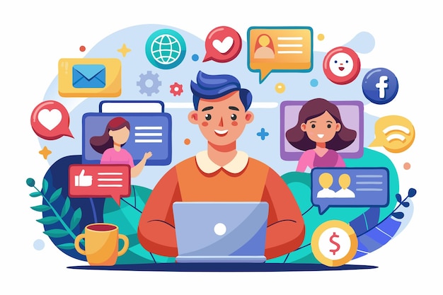 a man working on a computer with many icons of people around him