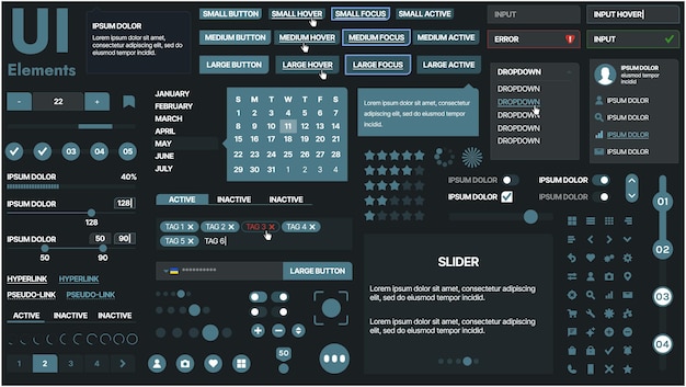 a modern ui kit featuring a collection of buttons icons navigation menus and responsive design elements includes login forms media players search bars and calendars ideal for apps websites