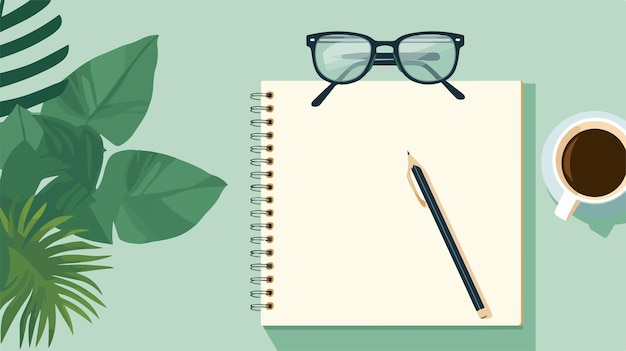 a notebook with glasses and a pencil on it