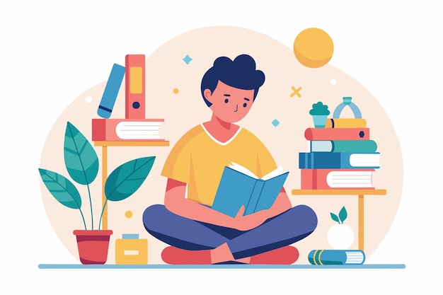 A person in casual attire is sitting on the floor engrossed in reading a book Take time to study and read Simple and minimalist flat Vector Illustration
