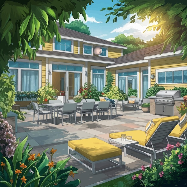 a picture of a house with a patio and a patio with chairs and tables