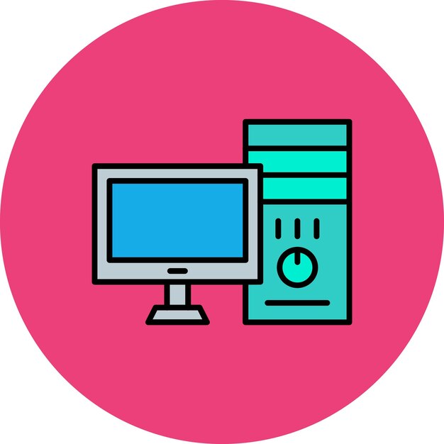 a pink circle with a white background with a computer monitor and a blue box with a blue label