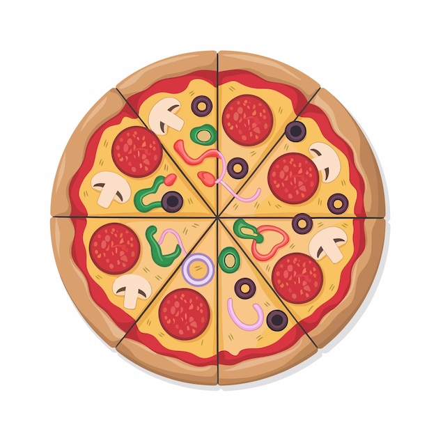 a pizza with different toppings on it and the word pizza on the bottom