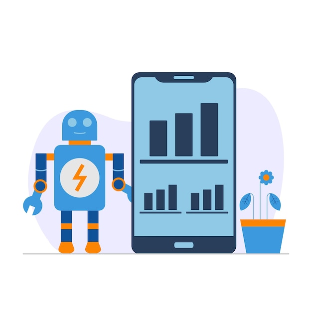 A robot next to a smartphone with a graph on the screen.