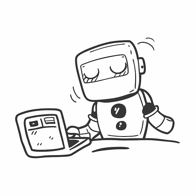 A robot using a laptop computer in a doodle style