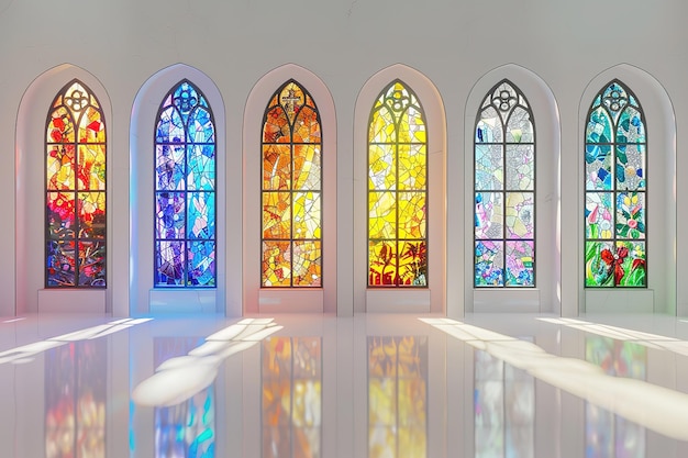 a room with a stained glass window and a reflection of the stained glass windows