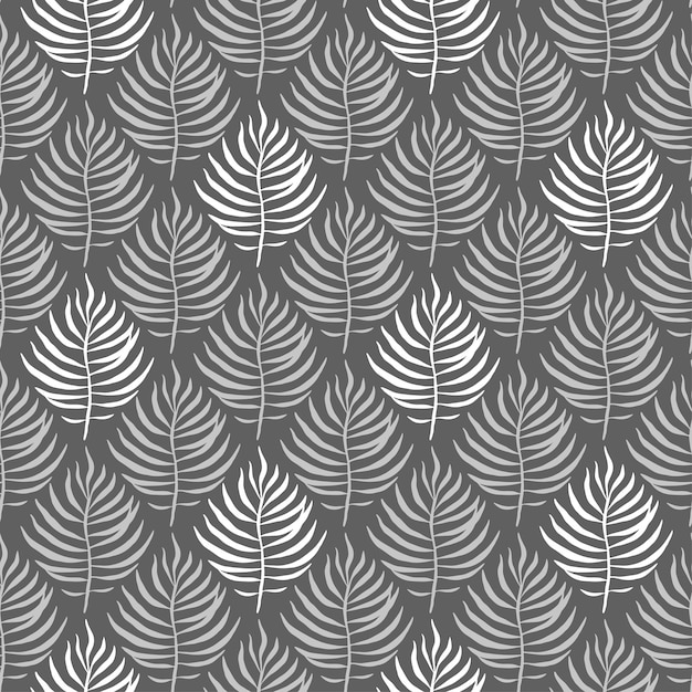 A seamless grey pattern featuring white palm leaves arranged in a symmetrical design