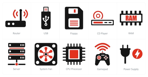 a set of 10 computer parts icons as router usb floppy