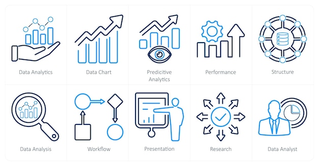 A set of 10 data analytics icons as data analytics data chart predictive analytics
