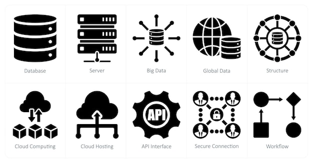 A set of 10 data analytics icons as database server big data