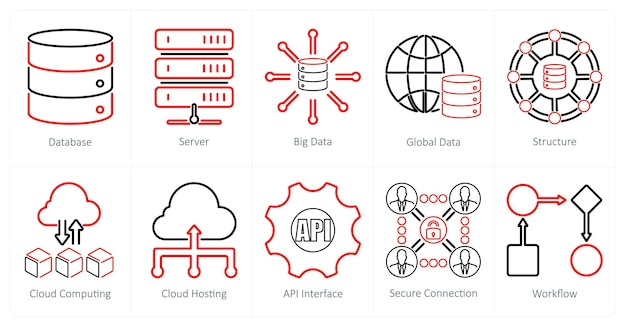 A set of 10 data analytics icons as database server big data