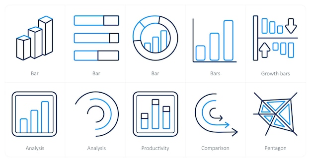 A set of 10 Diagrams and Reports icons as bar growth bars analysis