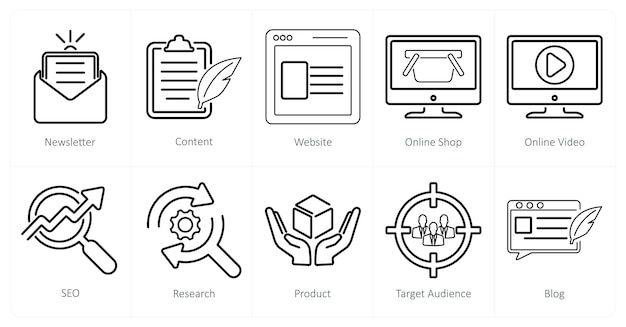 a set of 10 digital marketing icons as newsletter content website