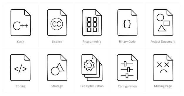 a set of 10 file icons as code license programming