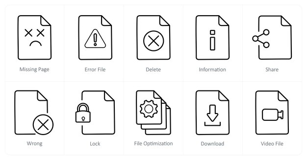 A set of 10 File icons as missing page error file delete