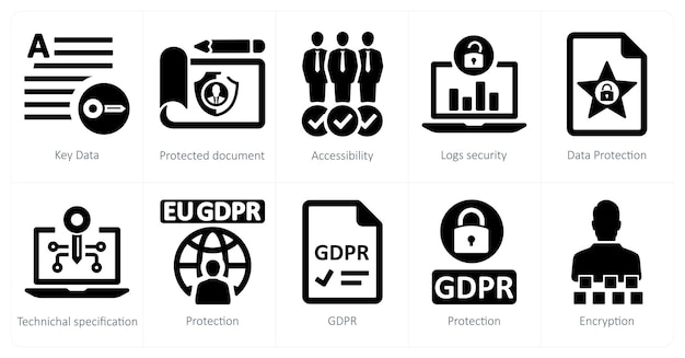 A set of 10 gdpr icons as key data protected document accessibility