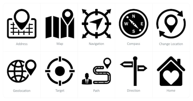 A set of 10 location icons as address map navigation