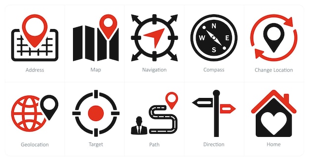 A set of 10 location icons as address map navigation