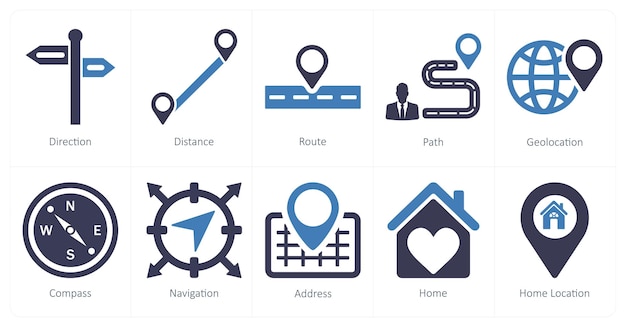 A set of 10 location icons as direction distance route