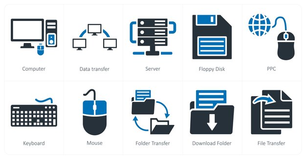 a set of 10 mix icons as computer data transfer server