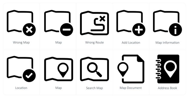 a set of 10 navigation icons as wrong map map wrong route