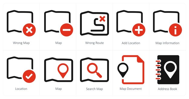 a set of 10 navigation icons as wrong map map wrong route
