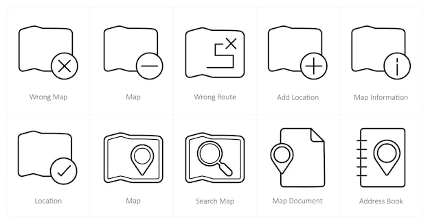 a set of 10 navigation icons as wrong map map wrong route