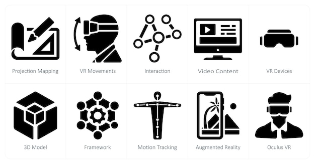 A set of 10 Virtual Reality icons as projection mapping vr movements interaction