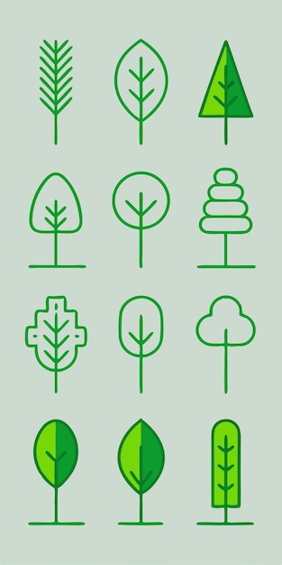 A set of 12 minimalist green tree icons perfect for adding a touch of nature to your designs
