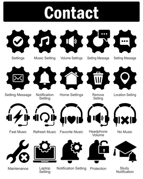 A set of 20 contact icons as settings music setting volume settings