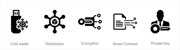 a set of 5 blockchain icons as cold wallet distribution encryption