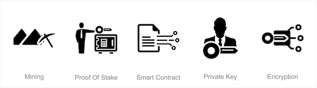 a set of 5 blockchain icons as mining proof of stake smart contract