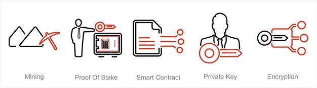 a set of 5 blockchain icons as mining proof of stake smart contract