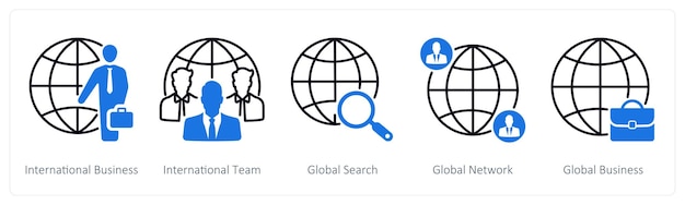 A set of 5 Business and Office icons as international business international team global search