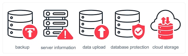 a set of 5 business icons as backup server information data upload