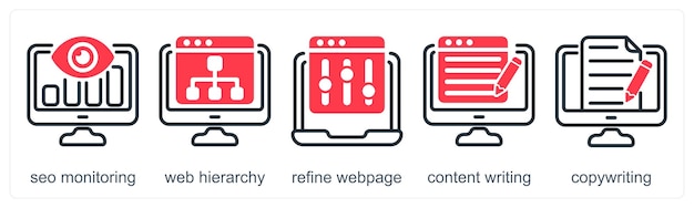 a set of 5 business icons as seo monitoring web hierarchy refine webpage